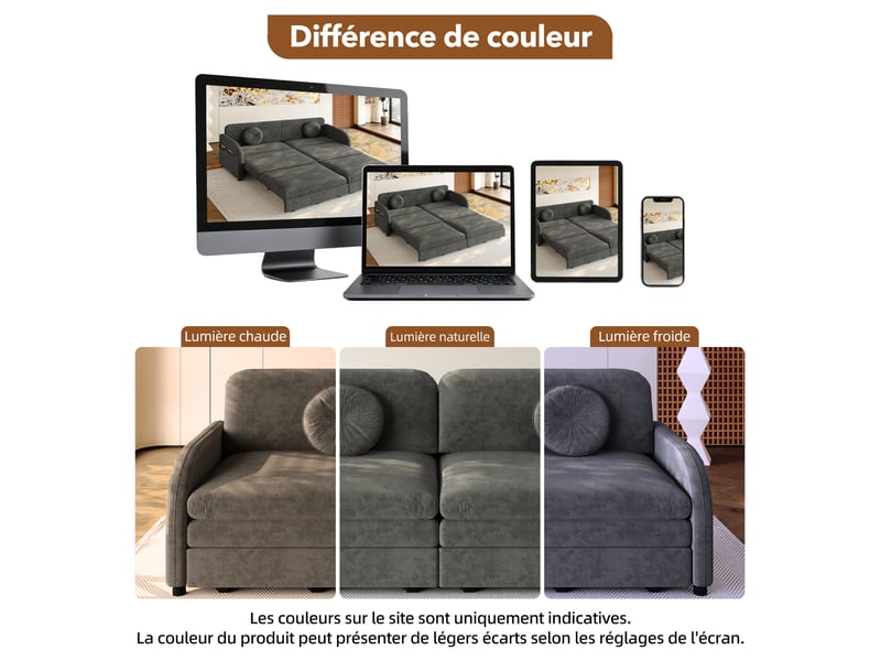  Canapé convertible 3 places gris en chenille avec couchage 190 x 200 cm Fay Lum - Conforama R