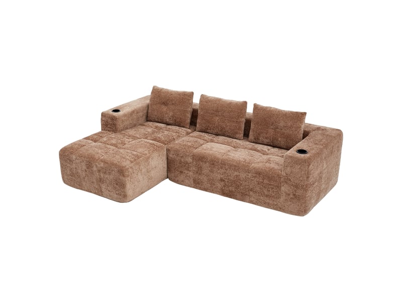 Canapé d'angle marron clair en l 258 cm - tissu chenille 3 places avec porte-gobelets - Conforama A