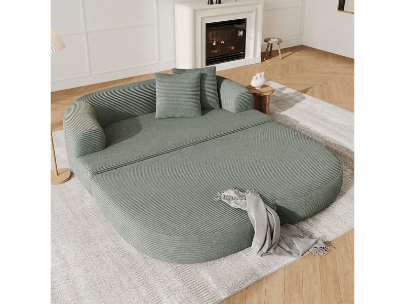Canapé de sol compressé 184 cm 2 places, convertible en lounge avec accoudoir central amovible et porte-gobelet, velours côtelé vert clair - Conforama E