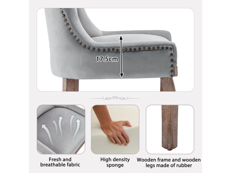 Chaises de salle à manger 6 pcs en velours gris avec capitonnage à clous et pieds en bois massif  - Conforama D