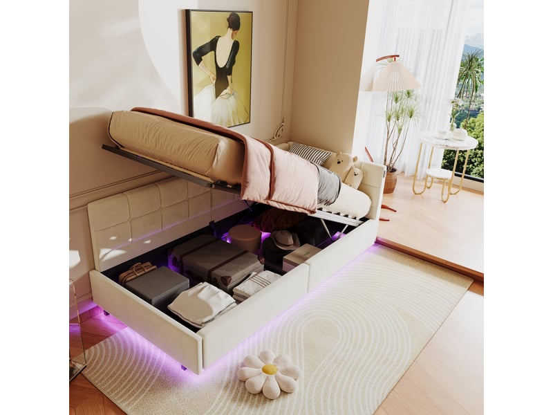 Lit banquette 90x200 cm avec led rgb et usb chargeur, lit jeune avec rangement et tête de lit rembourrée lit simple pour ado avec cadre de lit à lattes beige velours, sans matelas - Conforama B