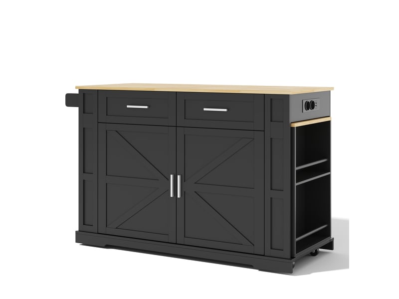  Îlot de cuisine mobile noir et bois naturel en mdf, table extensible, 2 tiroirs, meuble à double porte, 120 × 50 × 93 cm  - Conforama A