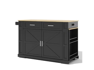 Îlot de cuisine mobile noir et bois naturel en mdf, table extensible, 2 tiroirs, meuble à double porte, 120 × 50 × 93 cm