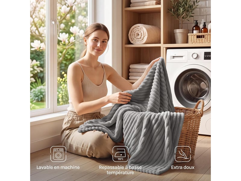  Plaid polaire en flanelle côtelée, 220x240cm, gris, 350 gm², moelleux, léger, couverture pour 4 saisons  - Conforama E
