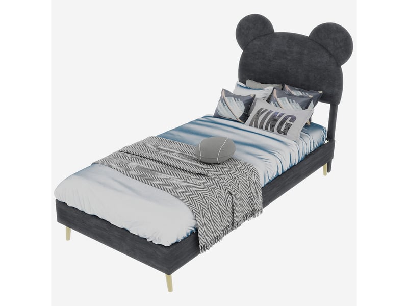  Lit enfant 90x200 cm avec tête dessin animé, tissu et métal, gris, sans matelas  - Conforama A