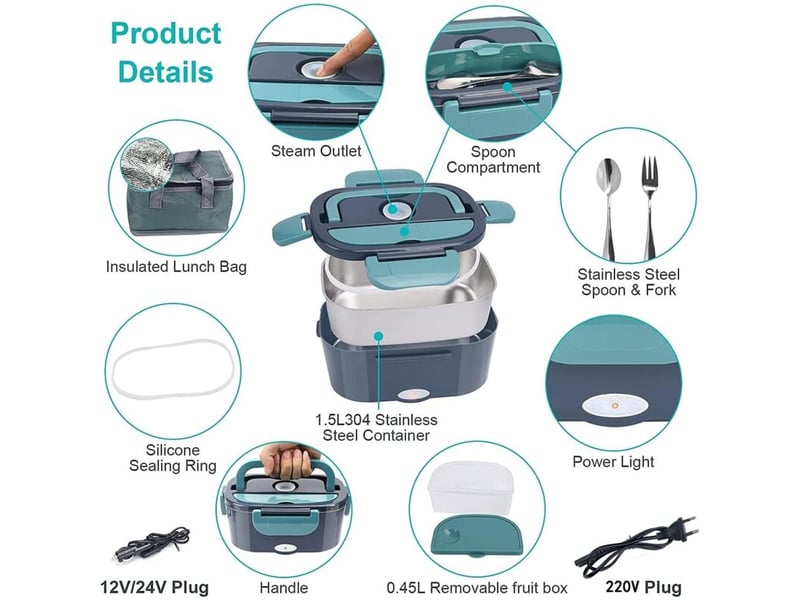  Boîte à lunch chauffante 1,5 l 60 w – 110 v220 v12 v24 v – acier inoxydable 304 – convient pour la voiture, la maison et le camping YSK0001713LY - Conforama B
