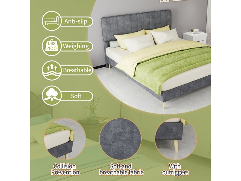  Lit double 200×160 cm en velours hollandais gris et métal, sans matelas  - Conforama E
