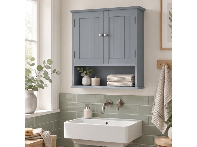  Armoire murale de salle de bains mdf gris clair 54,6x19,8x60 cm, 2 portes  - Conforama E