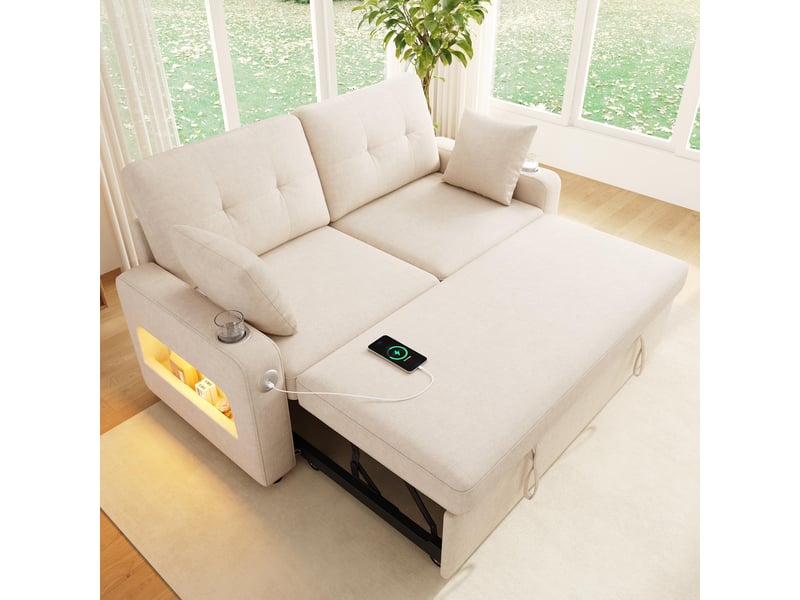  Canapé 2 places - 141.5x131x83.5cm - convertible avec éclairage led, ports usbtype-c, rangements et tissu chenille - beige  - Conforama B