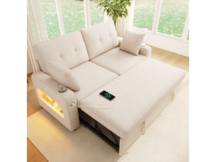 Canapé 2 places - 141.5x131x83.5cm - convertible avec éclairage led, ports usbtype-c, rangements et tissu chenille - beige
