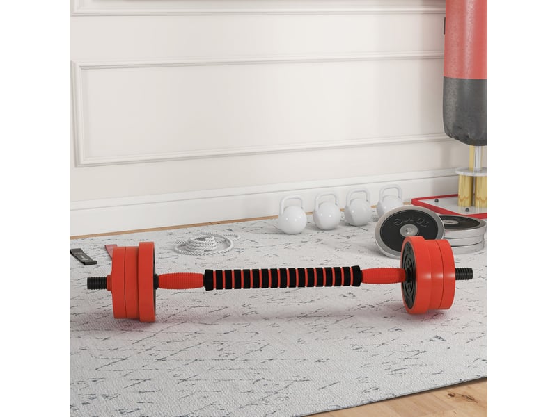  Kit de musculation 4 en 1 de 30 kg, convertible en kettlebell, comprenant 2 haltères, une barre et un support pour pompes, rouge.  - Conforama C