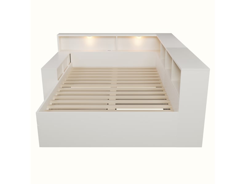  Lit double avec rangement 140 x 190 cm blanc en bois, éclairage de lecture et ports usb type c intégrés  - Conforama D