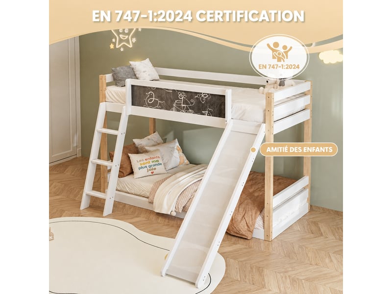  Lit superposé enfant avec toboggan et escalier, bois, barrières, 90 x 200 cm  - Conforama W