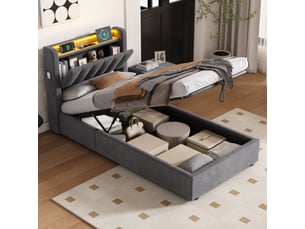 Lit coffre une place, 90 x 200 cm, avec led et ports usb, tissu velours hollandais, gris foncé.