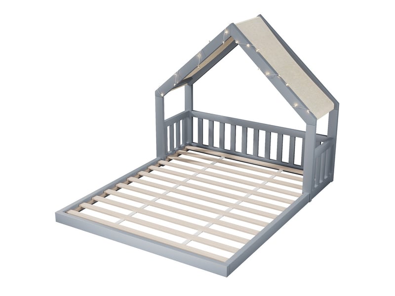  Lit cabane enfant en bois 140 x 200 cm - toit en tissu et guirlande lumineuse inclus - mdf et pin - gris (matelas non inclus)  - Conforama W
