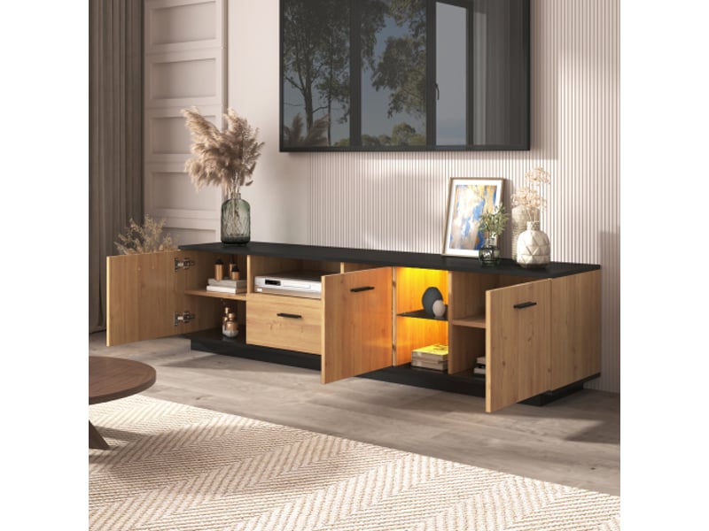  Meuble tv bas noir et bois naturel, led 16 couleurs, 3 portes, 1 tiroir et niches en verre  - Conforama C