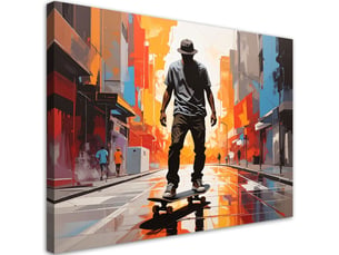 Impression sur toile, homme dans une rue de la ville à la lumière du coucher du soleil 30x20