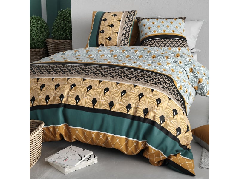  Parure housse de couette 260x240cm + 2 taies motif art-déco noir vert et jaune 100% coton - peio PEIO - Conforama B