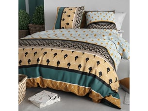 Parure housse de couette 260x240cm + 2 taies motif art-déco noir vert et jaune 100% coton - peio