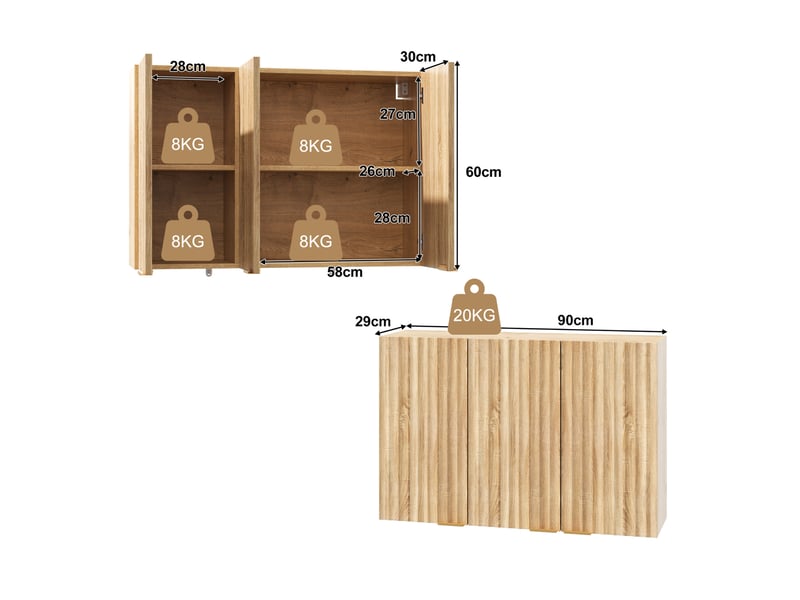  Armoire mural 90x29x60 cm naturel en mdf, 3 portes, pour cuisine, salon, salle de bain et buanderie  - Conforama C
