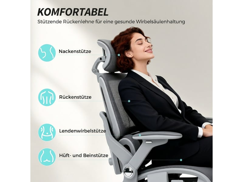  Fauteuil de bureau avec repose-pieds et accoudoirs 4d en maille gris 74x67x132 cm  - Conforama D