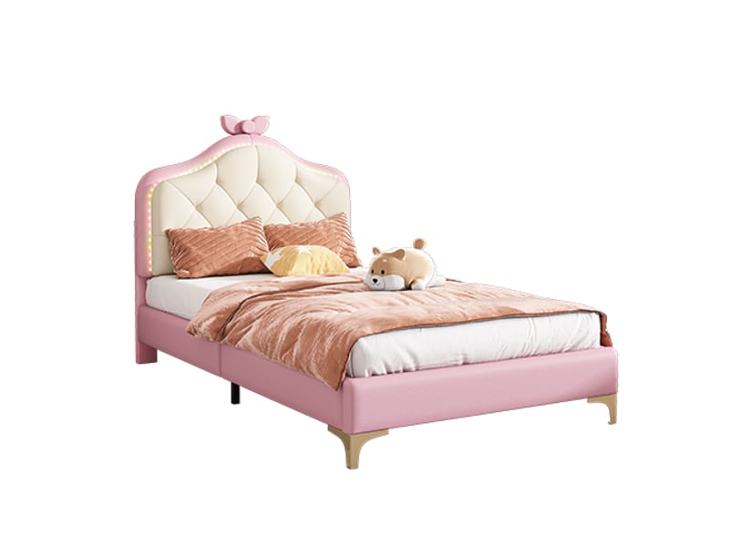  Lit enfant 90x200 cm rembourré avec tête de lit led multicolore-design ondulé avec nœud décoratif-sommier à lattes-pu rose  - Conforama A