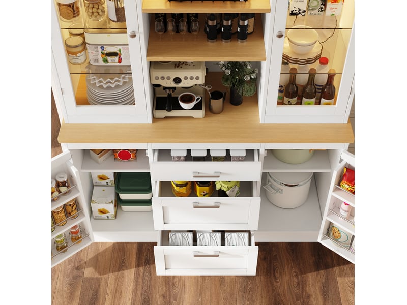  Buffet de cuisine haut de rangement avec led, 3 tiroirs, étagères réglables et portes vitrées pour cuisine en mdf blanc  - Conforama C