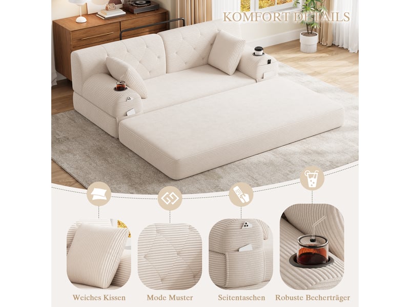  Canapé droit convertible 2 places en velours côtelé beige 168x80x81 cm, dossier haut, porte-gobelets, poches, salon 168x80x81cm - Conforama D