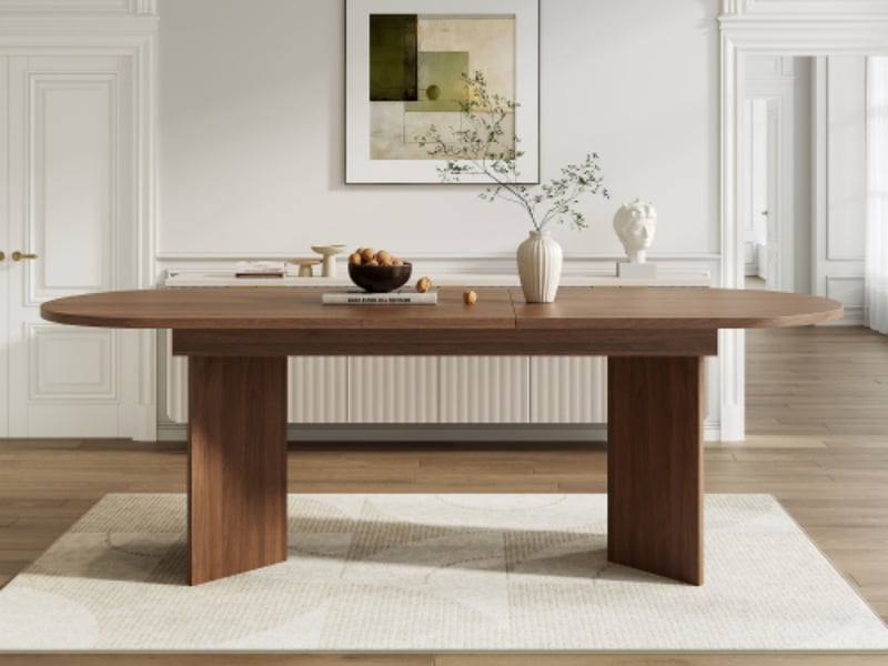  Table à manger extensible 160 à 200 cm, plateau en mdf de 18 mm, angles arrondis, allonge centrale, effet noyer  - Conforama B