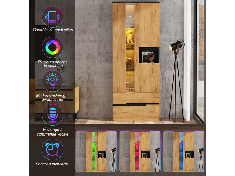  Vitrine haute 70x35x180 cm avec led bluetooth, 3 portes, 2 tiroirs et rangement ouvert, meuble de rangement salon en mdf - bois et noir  - Conforama E