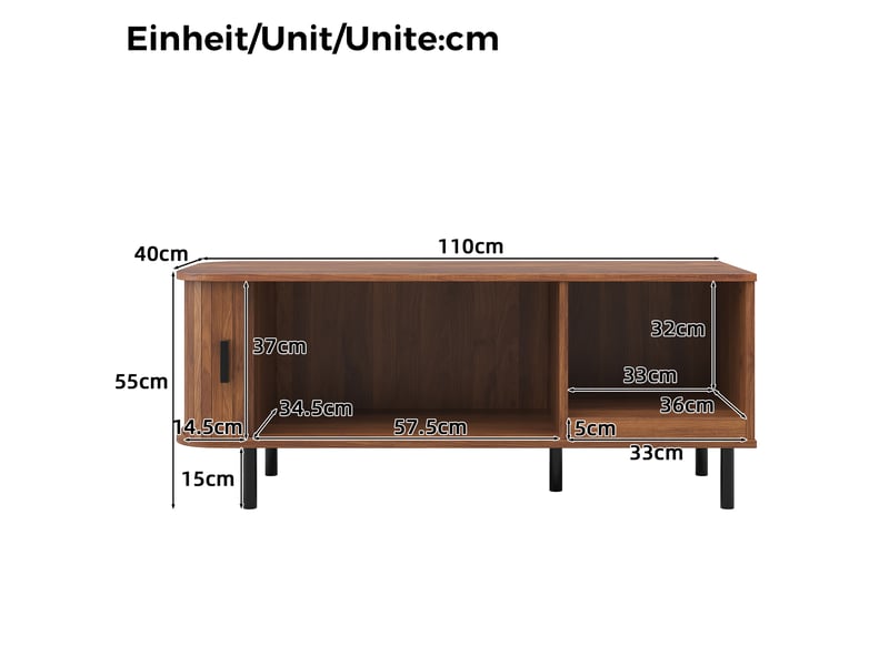  Table basse avec porte coulissante, niche ouverte, style moderne en mdf et panneau de particules noyer 110 × 40 × 55 cm  - Conforama C