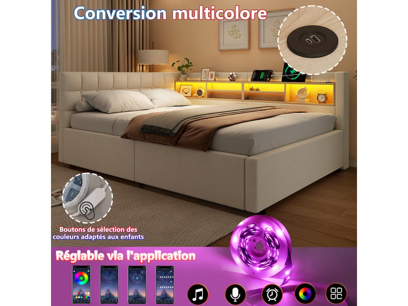  Lit coffre hydraulique 140x200 cm avec led dimmable, étagères, usb et tête réversible, tissu lin beige, sans matelas  - Conforama D