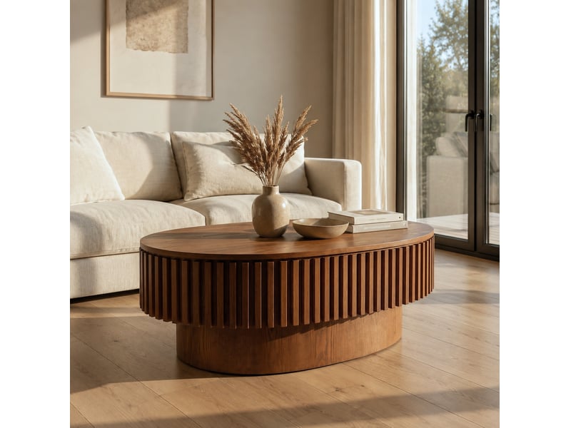  Table basse ovale 105x25x67 cm avec rangement caché, bois et mdf, coloris noyer  - Conforama D