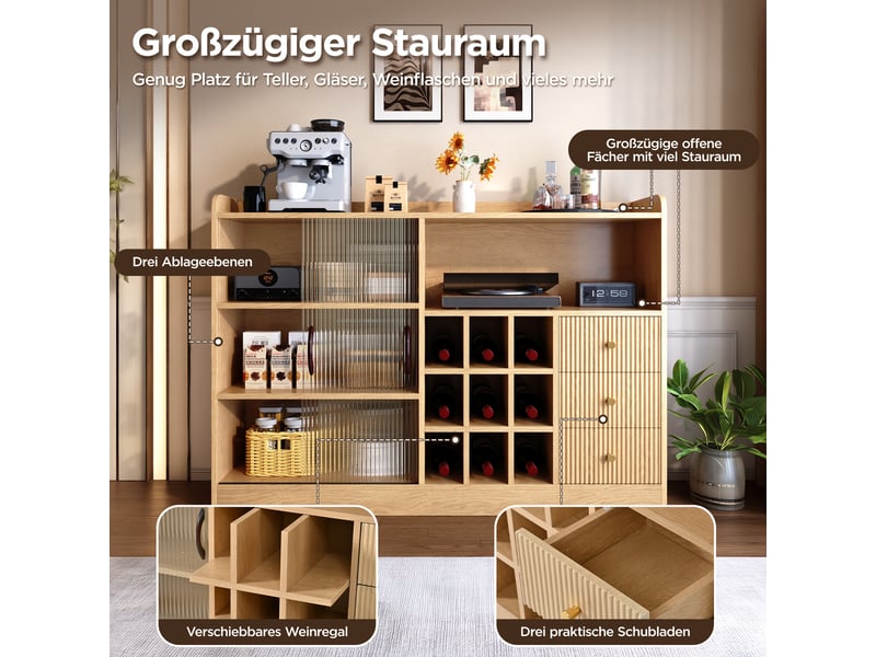  Buffet bas 120x30x85 cm, meuble bar avec porte-bouteilles, led connectée, portes vitrées coulissantes et 3 tiroirs, panneaux de particules, naturel OMNIGLINT TRADING LTD - Conforama D