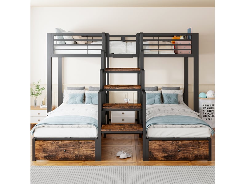  Lit superposé triple 90x200 cm, escalier central, garde-corps de sécurité, tiroirs, métal et bois, noir, sans matelas  - Conforama D
