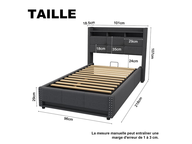  Lit avec rangement simple 90 x 200 cm en tissu de lin, led réglable, usb et prises, sans matelas, gris foncé  - Conforama D