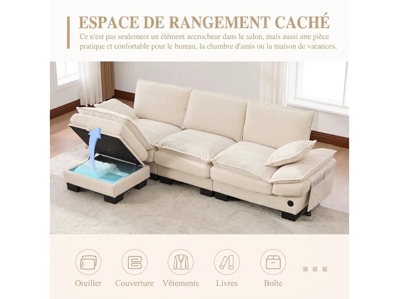 Canapé 3 places velours côtelé modulable avec pouf - port usb-c intégré, poches latérales, beige  - Conforama R