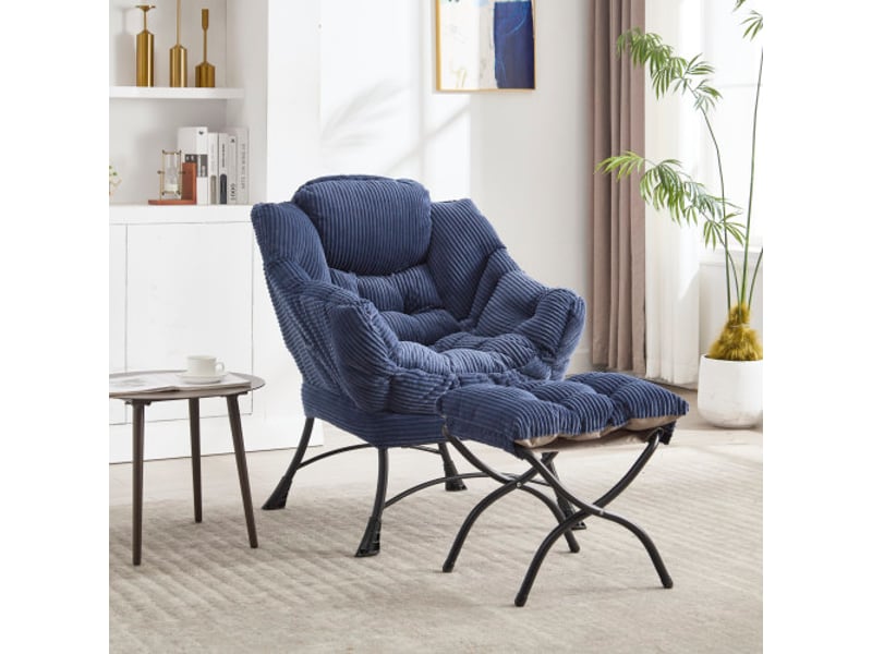 Fauteuil de détente avec repose-pieds bleu marine - chaise de lecture avec poche latérale et structure en acier  - Conforama B