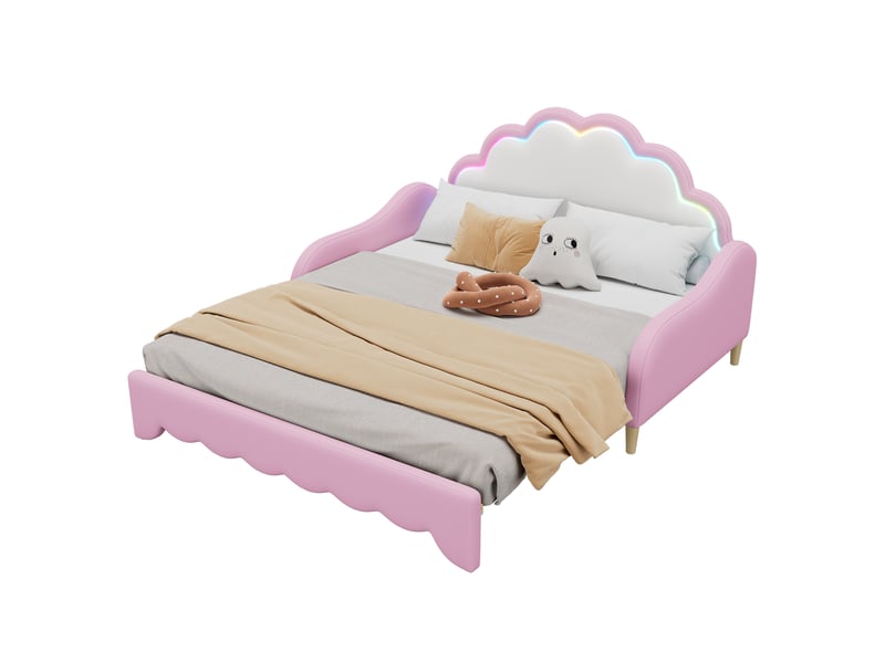  Canapé lit 140x200 rose capitonné en pu - lit double avec led contrôlable par app  - Conforama A