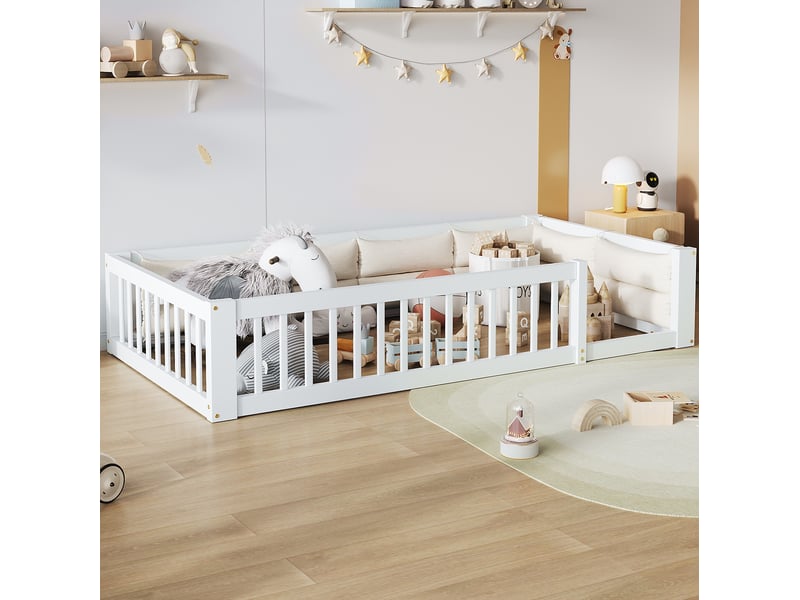  Lit enfant simple 90x200 cm, coussins, bois, en mdf, coloris blanc, barrières de sécurité, style moderne, sans matelas  - Conforama D