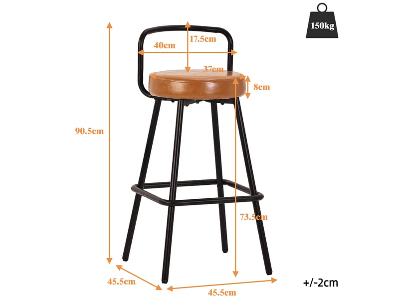  Tabouret de bar avec dossier ergonomique, repose-pieds et assise rembourrée, en pu cuir marron 37 × 37 × 90,5 cm  - Conforama D