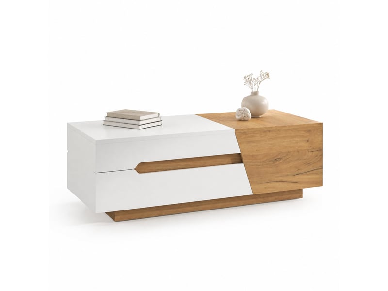  Table basse extensible 120 à 201,5 cm, 2 tiroirs et rangements, blanc et bois mdf  - Conforama A