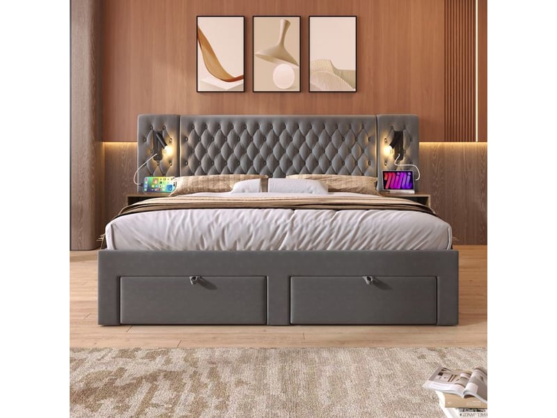  Ensemble chambre à coucher - truxen8 - lit 160x200cm - velours gris - charge usb  - Conforama C