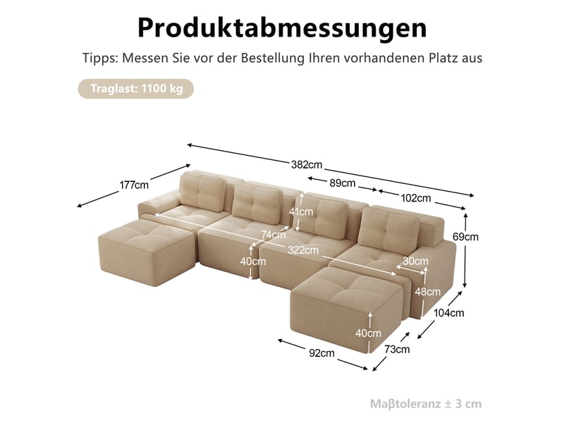  Canapé modulable d'angle en l,382x177x69cm,canapé 4 places sans structure avec 2 pouf,en velours côtel,rembourrage haute densité 32d - beige  - Conforama C