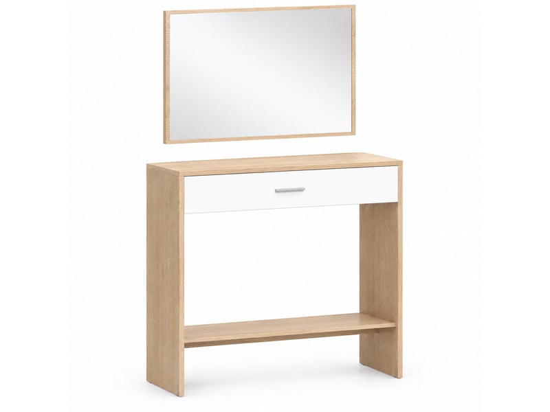  Console d'entrée avec miroir 91,5 x 27,9 x 85,5 cm, chêne et blanc, panneau de particules, tiroir et étagère  - Conforama A