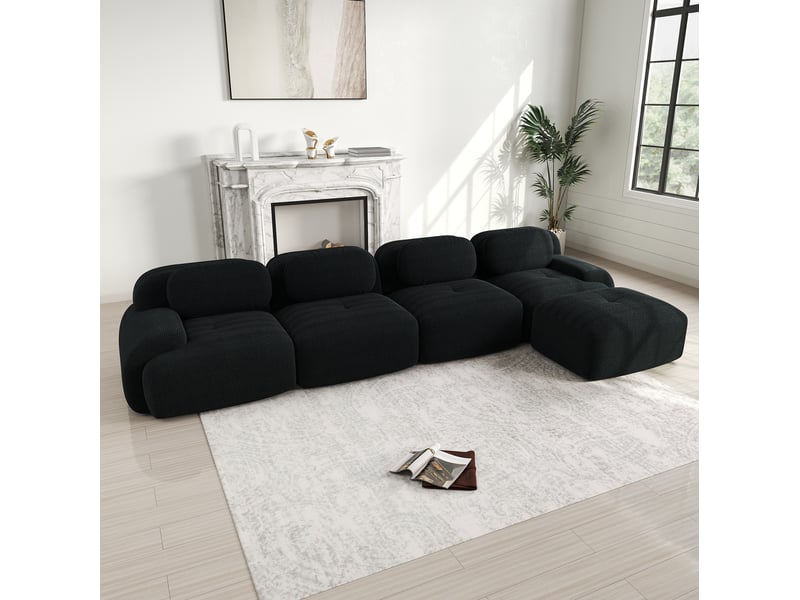  Canapé d'angle 4 places ulevr modulable avec méridienne, sans cadre, velours côtelé noir, 388 x 178 x 70 cm  - Conforama D
