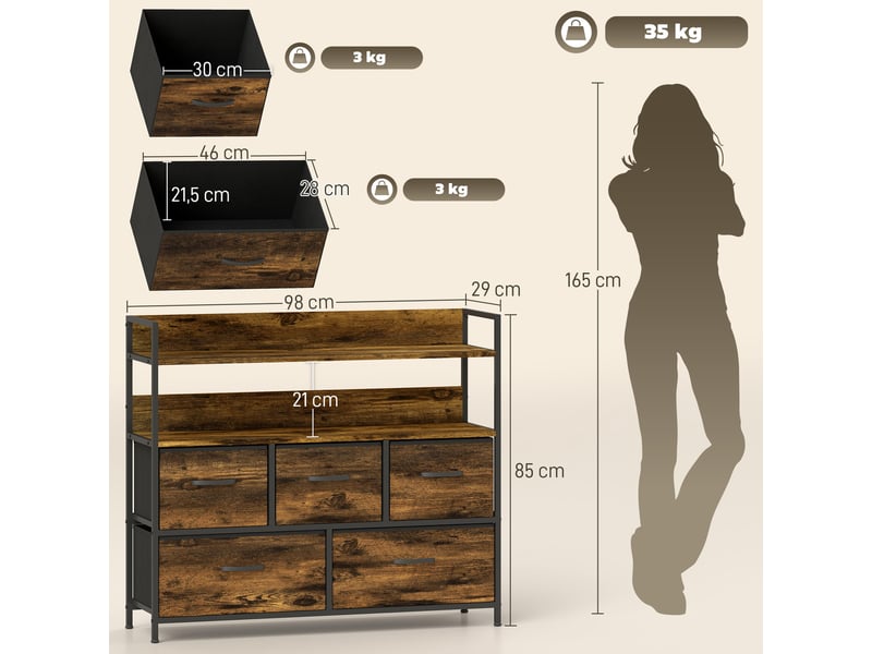  Commode, meuble de rangement, 5 tiroirs en tissu pliables et amovibles et étagères, brun rustique, 98 x 29 x 85 cm  - Conforama C