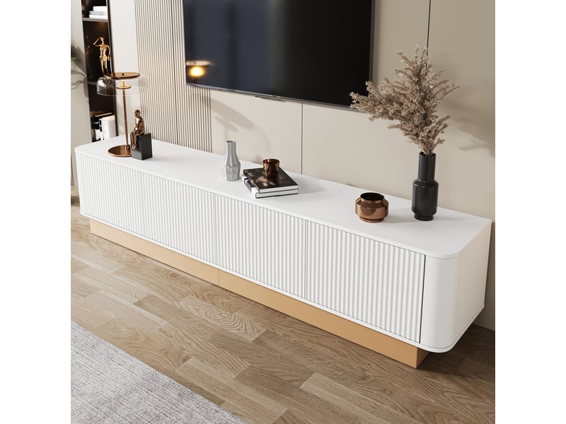  Meuble tv 4 portes à étagères réglables avec passe-câbles pour salon 200×40×47,5 cm en mdf blanc  - Conforama D