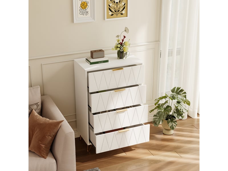  Commode avec 4 tiroirs, meuble à tiroirs avec pieds et poignées dorés, buffet blanc pour chambre à coucher, salon, couloir, 60 x 34 x 90 cm  - Conforama D