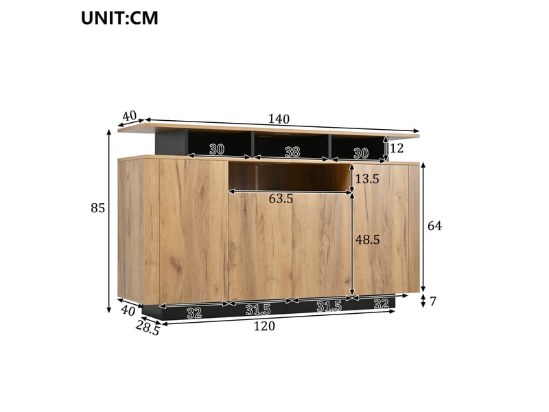  Buffet 4 portes avec 3 compartiments ouverts, naturel, 140 x 40 x 85 cm  - Conforama E